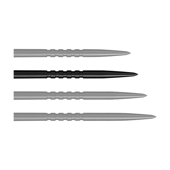 Zu sehen sind schwarze Steeldartspitzen. Dies ist das Modell Grip Point in 35 mm Länge.