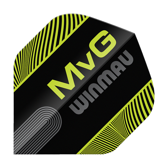 Winmau Prism Delta MvG Zwart Groen Tekst Nr. 2 Standaard Vluchten Zu sehen ist das Produkt Winmau Prism Delta MvG Black Green Text No2 Standard Flights. Die Flights sind für Darts, in den Farben Schwarz und Grün mit Text.