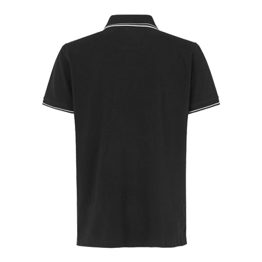 Vaten en schachten poloshirt - zwart Das Bild zeigt ein schwarzes Poloshirt mit kurzen Ärmeln. Am Kragen und an den Ärmeln sind weiße Zierstreifen sichtbar.