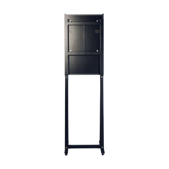 Karella_E-Master_Dartautomat_Standfuss_Ohne_M-nzeinwurf_2 Das Bild zeigt den Karella E-MASTER Dartautomaten ohne Münzeinwurf. Das Gerät steht auf einem stabilen schwarzen Gestell mit Rollen.