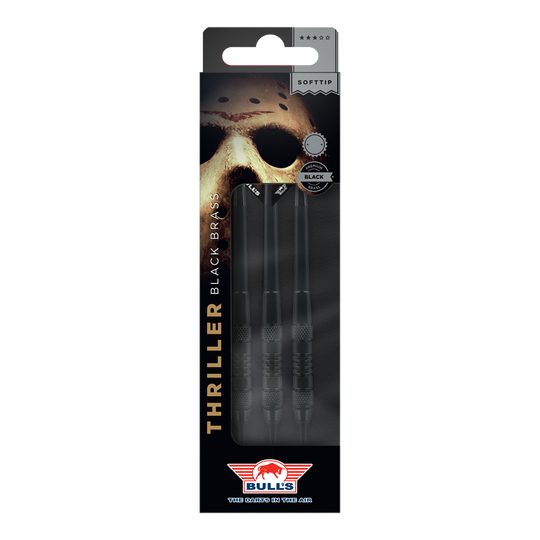 Bulls NL Thriller Black Brass Softdarts - 18g Hier sind Bulls NL Thriller Black Brass Softdarts mit einem Gewicht von 18 Gramm abgebildet. Die Darts sind für das Softdartspiel konzipiert.