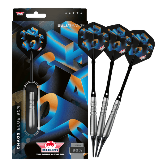 Das Foto präsentiert Bulls NL Chaos Blue Softdarts mit 19g Gewicht in ihrer vollen Länge. Die Softdarts sind in auffälligem Blau gehalten.