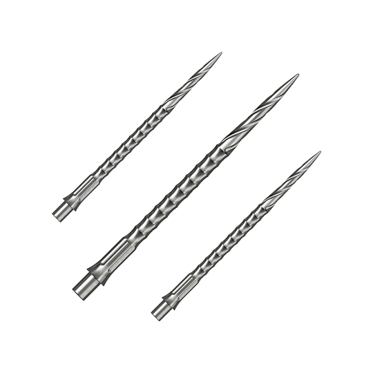 Dieses Bild zeigt ein Set von silbernen Steeldartspitzen des Caliburn Evo Systems. Das Spiro NoLip Design ist erkennbar, die Spitzen sind 40 mm lang.