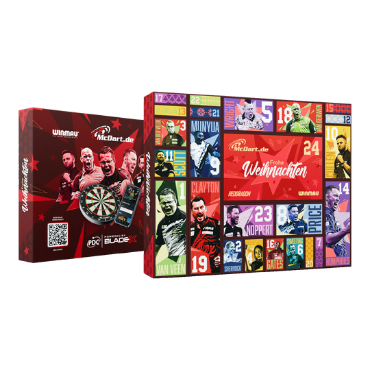 McDart stalen dartpijlen adventskalender 2026 Hier ist der McDart Steel-Darts Adventskalender 2026 abgebildet. Die Verpackung hebt das Adventskalender-Design für Darts-Spieler hervor.
