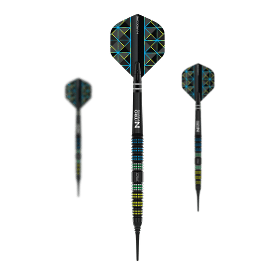 Das Bild zeigt drei Softdarts des Modells "Red Dragon Dragonfly 95 Black Tapered" mit einem Gewicht von 18g. Die Darts haben ein schwarzes Design mit bunten Akzenten und geometrisch gemusterten Flights.