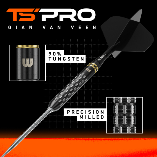 Winmau Gian Van Veen TS-PRO Schakelpunt Steeldarts Abgebildet sind Winmau Gian Van Veen TS-PRO Switch Point Steeldarts. Die Darts sind aus leicht glänzendem Material mit auffälligen Details.