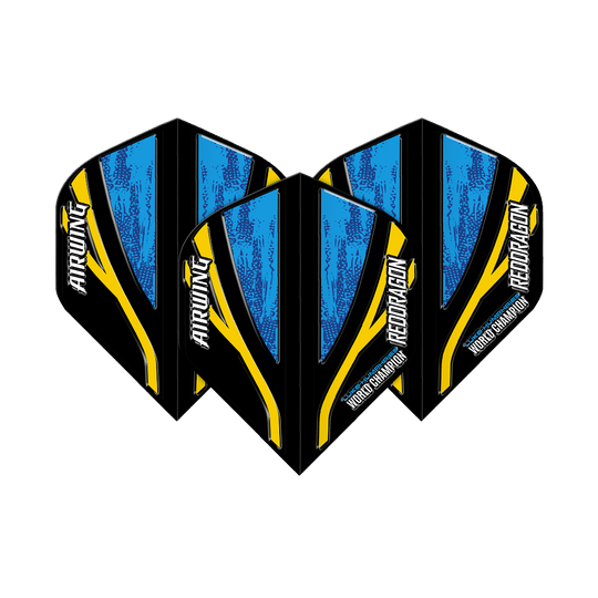 Red Dragon Airwing Luke Humphries Wereldkampioen Zwart Blauw Standaardvluchten Das Bild zeigt drei Dartflights mit dem Namen "Red Dragon Airwing Luke Humphries World Champion Black Blue Standard Flights". Die Flights sind überwiegend blau und schwarz mit gelben Akzenten und weißer Schrift.