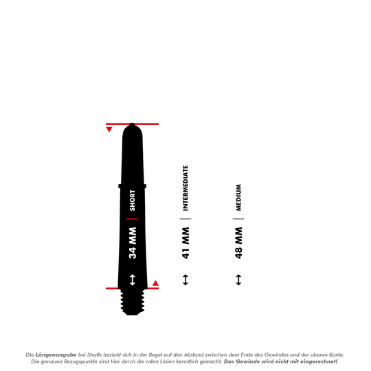Target Pro Grip Vision Shafts - 3 sets - Geel Das Bild zeigt einen kurzen Target Pro Grip Vision Shaft mit einer Länge von 34 mm. Rechts daneben sind die Größen "Intermediate" (41 mm) und "Medium" (48 mm) als Vergleich dargestellt.