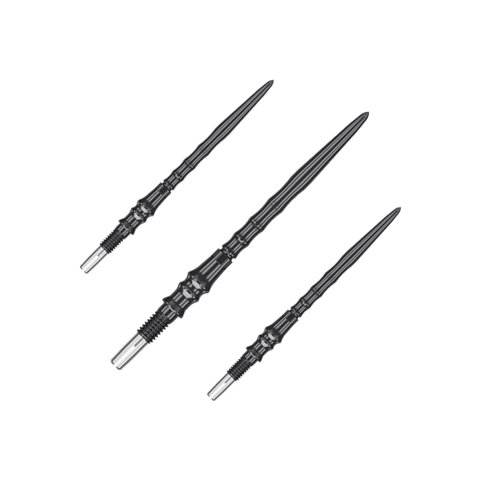Target Japan Premium Swiss Point Steel Dartpunten - Zwart Auf dem Bild ist ein Set von schwarzen Steeldartspitzen, SwissPoint, 35 mm von Target Japan Premium zu sehen. Mehrere Spitzen sind zusammen dargestellt.