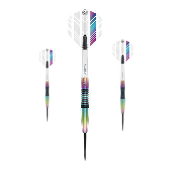 Winmau Elektra stalen dartpijlen Das Bild zeigt drei Winmau Elektra Steeldarts mit weißen Flights und bunten, metallischen Schäften. Die Darts sind modern gestaltet und haben schwarze Spitzen.