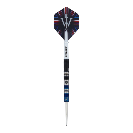 Unicorn The Machine James Wade Two-Tone Steel Darts Das Bild zeigt einen Steeldart der Marke "Unicorn The Machine James Wade Two-Tone". Der Dart hat ein schwarz-blaues Design und ein Flight mit einem auffälligen Muster.