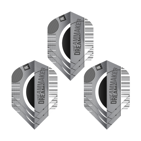 Target Pro Ultra Dimitri Van Den Bergh X Echo No2 Standaardvluchten - 3 sets Das Bild zeigt drei Sätze der Target Pro Ultra Dimitri Van Den Bergh X Echo No2 Standard Flights. Die Flights sind in Schwarz-, Grau- und Weißtönen gestaltet und tragen die Aufschrift "DREAMMAKER".