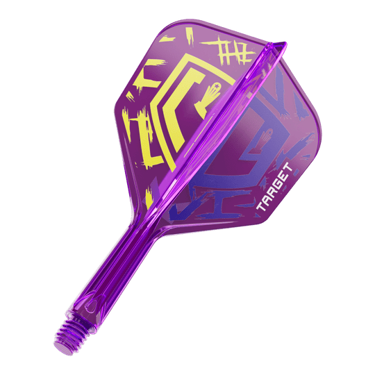 Target K-Flex Luke Littler Wereldkampioen 2025 No6 Vluchten Auf dem Bild ist ein lila Dartflight mit der Aufschrift "TARGET" zu sehen. Das Design enthält gelbe und blaue grafische Elemente auf dem Flight.