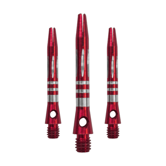 Das Bild zeigt ein Set der Ringed Diamond Cut Aluminium Shafts - Rot - 35 mm. Mehrere rote Aluminium-Dartschäfte liegen nebeneinander.