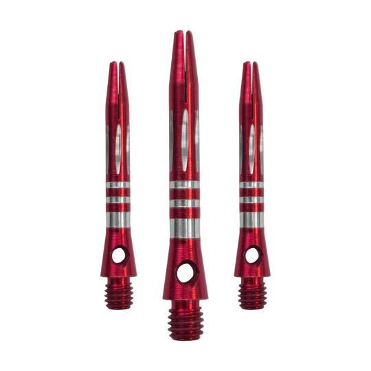 Diamantgeslepen aluminium schachten met ringen - Rood - 35 mm Das Bild zeigt ein Set der Ringed Diamond Cut Aluminium Shafts - Rot - 35 mm. Mehrere rote Aluminium-Dartschäfte liegen nebeneinander.