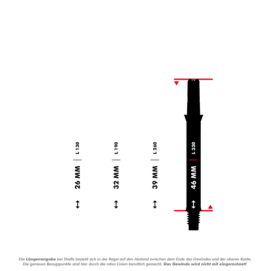L-L-Style-Shafts Silent Straight - Zwart Das Bild zeigt vier unterschiedlich lange Dartschäfte mit Längenangaben in Millimetern (26 mm, 32 mm, 39 mm und 46 mm). Die Messpunkte für die Längen sind durch rote Linien markiert, und das Gewinde wird bei der Längenermittlung nicht mit einberechnet.