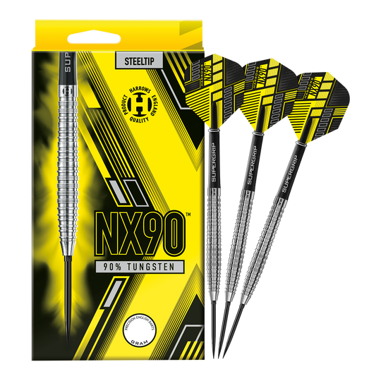 Harrows NX90 Taps Toelopende Quick Point Stalen Darts Das Bild zeigt die Harrows NX90 Tapered Quick Point Steeldarts in voller Ansicht. Die Steeldarts sind für Präzision und Qualität bekannt.