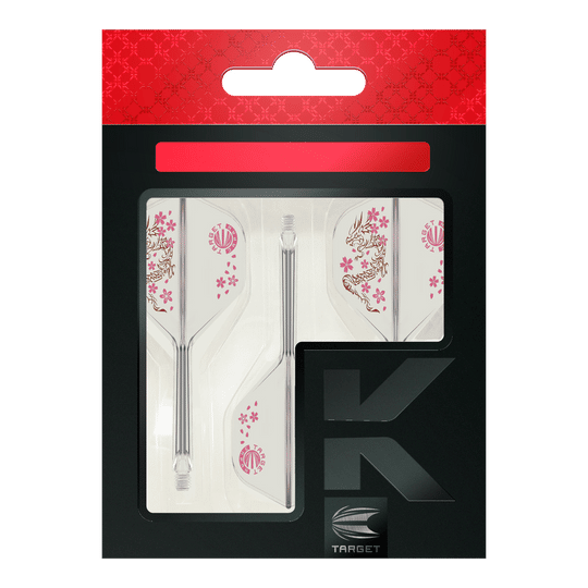 Das Bild zeigt das Produkt "Target Japan K-Flex Smash No2 Standard Flight-Shaft-System" in der Originalverpackung. Die Flights sind mit einem Drachen- und Kirschblütenmuster verziert.