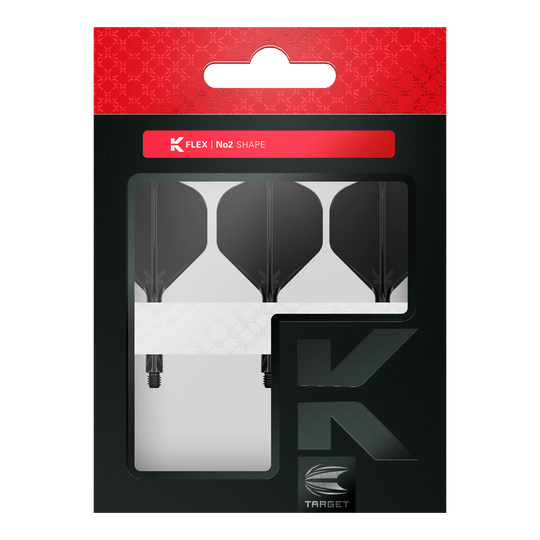Target K-Flex No2 Standaard Vluchtsysteem - Zwart Die Abbildung zeigt eine Verpackung mit drei schwarzen Dartflights der Marke Target in No2-Form. Die Verpackung ist hauptsächlich schwarz mit einem roten oberen Bereich und einem Sichtfenster, das die Flights präsentiert.