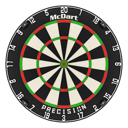 Das Bild zeigt eine McDart Precision Steeldartboard. Die Scheibe ist schwarz, weiß, rot und grün gefärbt und hat gut sichtbare Zahlen am Rand.