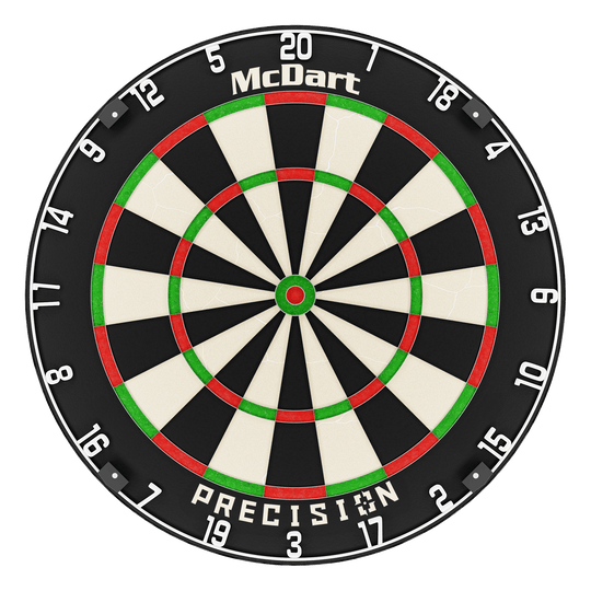 McDart Precision stalen dartbord McDart Precision Steeldartboard ist auf dem Bild zentral dargestellt. Die Dartsegmente sind schwarz und weiß.