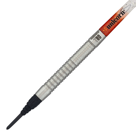 Das Bild zeigt einen Unicorn Core XL Striker Style 1 Softdart mit 19 Gramm Gewicht. Der Dart hat einen silbernen, geriffelten Griff und eine schwarze Softspitze.