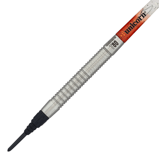 Unicorn Core XL Striker Style 1 zachte darts - 19g Das Bild zeigt einen Unicorn Core XL Striker Style 1 Softdart mit 19 Gramm Gewicht. Der Dart hat einen silbernen, geriffelten Griff und eine schwarze Softspitze.