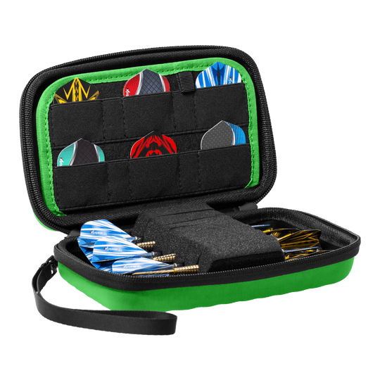 Bulls Orbis XL dartkoffer - Groen Das Bulls Orbis XL Dartcase in Grün ist auf dem Bild zu sehen. Es bietet ausreichend Stauraum für verschiedene Dartteile.