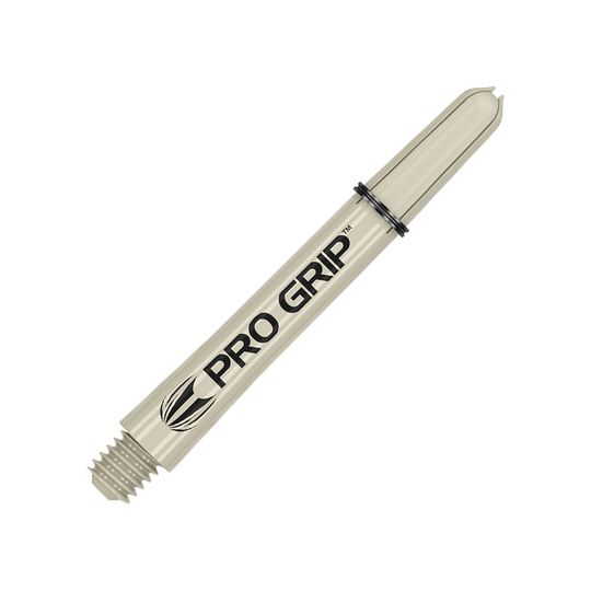 380151_Target_Pro_Grip_Shafts_Sand_41mm_2 Das Bild zeigt einen sandfarbenen Pro Grip Dart-Schaft mit schwarzer Aufschrift. Der Schaft hat ein Schraubgewinde an einem Ende und zwei schwarze Ringe am oberen Teil.