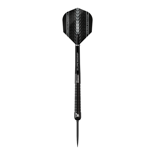 Diese Abbildung zeigt die Harrows Supergrip 90 Black Edition Quick Point Steeldarts. Die Darts überzeugen durch ihre schwarze Farbgebung und professionelle Verarbeitung.