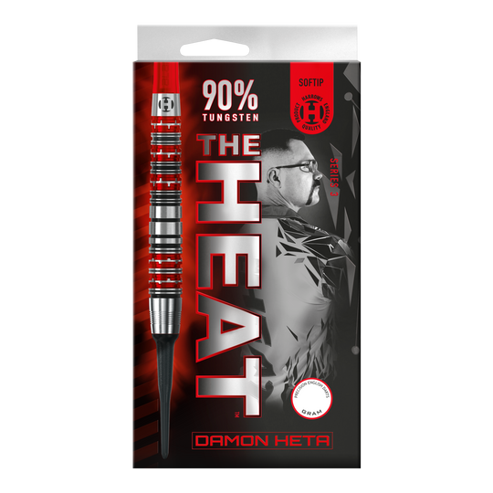 Die Abbildung zeigt die Verpackung der "Harrows Damon Heta Series 3 Softdarts". Auf der Verpackung stehen "90% Tungsten" und ein Porträt von Damon Heta im Hintergrund.