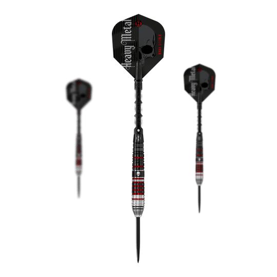 Auf dem Bild sind drei Steeldarts der Marke "Harrows Ryan Searle Heavy Metal Series 2" zu sehen. Die Darts haben ein auffälliges schwarzes und rotes Design mit dem Schriftzug "Heavy Metal" auf den Flights.