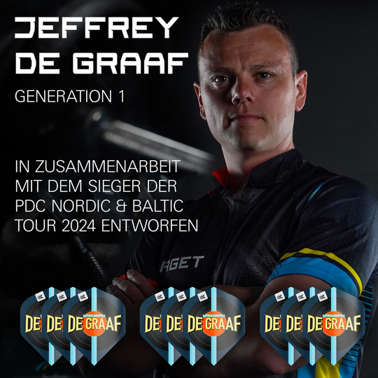 Target Pro Ultra Jeffrey De Graaf GEN1 No2 Standaardvluchten - 3 sets Das Bild zeigt Jeffrey de Graaf neben dem Produkt "Target Pro Ultra Jeffrey De Graaf GEN1 No2 Standard Flights - 3 Sets". Unten im Bild sind die drei Sätze der Flights mit dem Aufdruck "DE GRAAF" zu sehen.