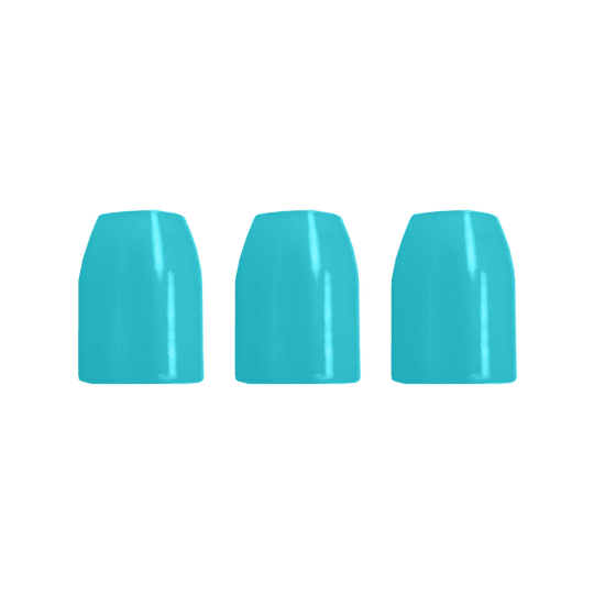 LSF7_L-Style_Champagne-Ringe_Hellblau_2 Das Bild zeigt drei hellblaue, zylindrische Objekte in einer Reihe. Sie haben eine glatte, glänzende Oberfläche.