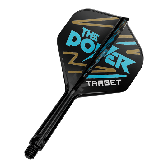 Target K-Flex Phil Taylor No2 Standaard Vluchtas Systeem Das Bild zeigt einen Dartpfeil mit schwarzem Flight und blauer sowie goldener Aufschrift. Auf dem Flight steht "THE POWER TARGET" in auffälligen Buchstaben.