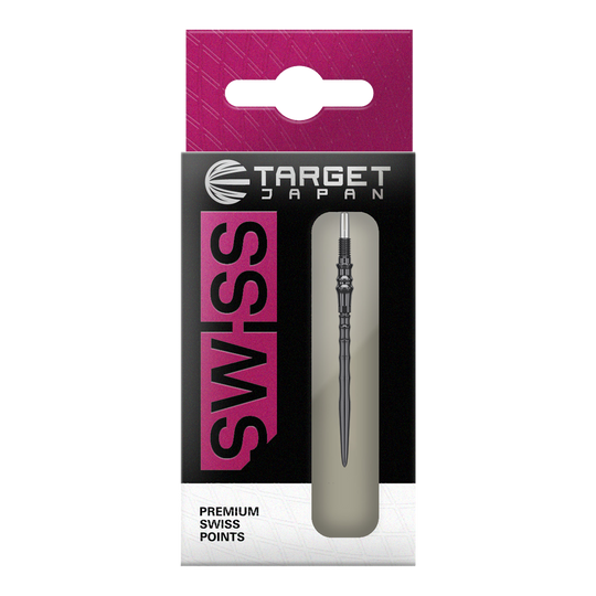 Target Japan Premium Swiss Point Steel Dartpunten - Zwart Das Bild zeigt die Target Japan Premium Swiss Point Steldartspitzen - Schwarz. Es handelt sich um hochwertige Steeldartspitzen für präzises Dartspiel.