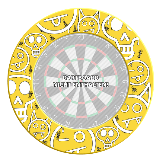 McDart Graffiti Emoji's Dartbord Surround Das Foto zeigt das Produkt mit dem Dateinamen MSF-A6_McDart_Graffiti_Emojis_Dartboard_Surround_Gelb_3. Es handelt sich um einen gelben Dartboard Surround mit Graffiti Emojis.