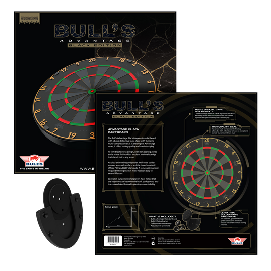 Bulls NL Advantage Black Edition stalen dartbord Das Bild zeigt das Bulls NL Advantage Black-Edition Steeldartboard. Dies ist eine schwarze Dartscheibe für Steeldart-Spiele.