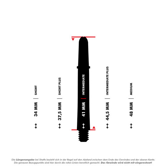 110180_Target_Pro_Grip_Shafts_5_41mm_5Varianten Das Bild zeigt fünf verschiedene Längen von Target Pro Grip Shafts für Dartpfeile, von 34 mm bis 48 mm. Die Längenangaben beziehen sich auf den Abstand zwischen dem Ende des Gewindes und der oberen Kante ohne das Gewinde.