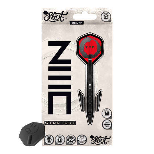 Shot ZEN Straight Turbo Point stalen dartpijlen - 23 g Dies ist ein Bild der Shot ZEN Straight Turbo Point Steeldarts - 23g. Die Steeldarts sind im Detail abgebildet.