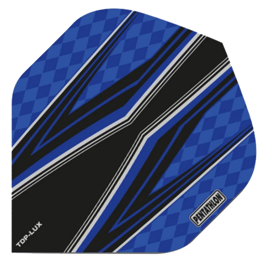 P226 Das Bild zeigt ein Dart Flight mit dem Namen "Pentathlon Dark Blue Flights P226". Das Design ist überwiegend dunkelblau mit schwarzen und silbernen Mustern.