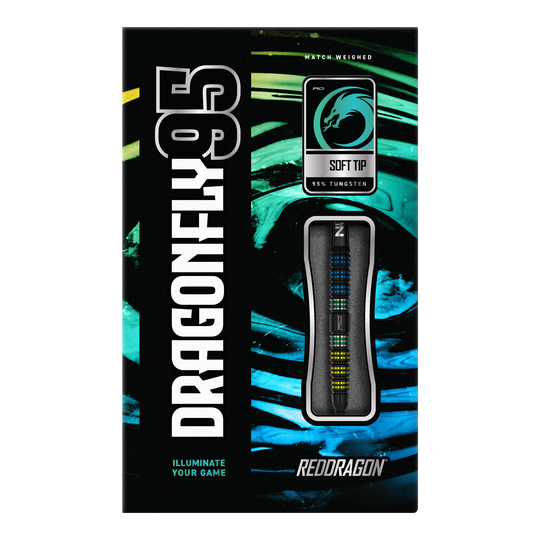 Auf dem Bild ist die Verpackung der "Red Dragon Dragonfly 95 Black Tapered Softdarts - 18g" zu sehen. Die Packung ist schwarz mit türkisfarbenen und gelben Akzenten und zeigt einen Softdart aus 95% Tungsten im Sichtfenster.