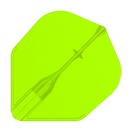 L-L-Style3EZ-vluchten Das Bild zeigt eine leuchtend grüne Dartflight-Flosse. Sie hat eine leicht transparente Oberfläche und eine klassische Form.