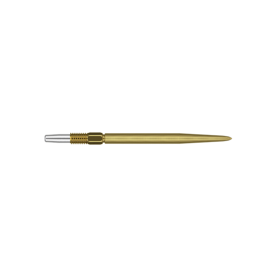 Target Swiss Point Nano Dartpunten - Goud Dies ist eine goldfarbene Dartspitze mit feiner Riffelung. Sie hat am Ende ein silbernes Verbindungsstück.