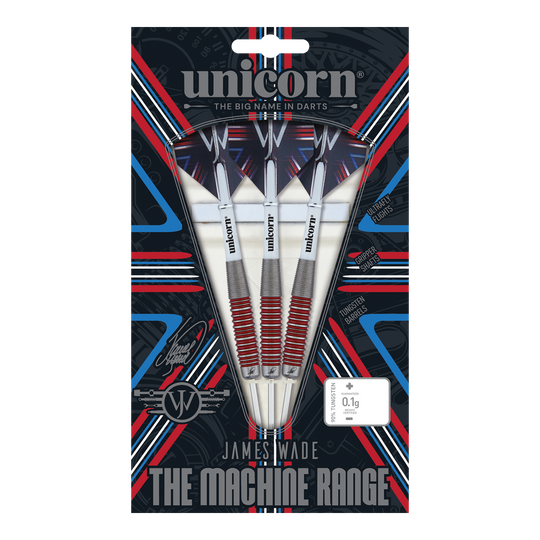 Unicorn The Machine James Wade 90% stalen darts Das Bild zeigt eine Verpackung mit drei Steeldarts der Marke "Unicorn" aus der "James Wade The Machine Range". Die Darts bestehen zu 90% aus Tungsten und haben rote und silberne Akzente.