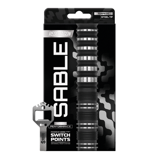 Red Dragon Sable Torpedo Switch Point Stalen Darts Hier sieht man die Red Dragon Sable Torpedo Switch Point Steeldarts einzeln dargestellt. Die Oberfläche und das Material der Darts sind gut zu erkennen.