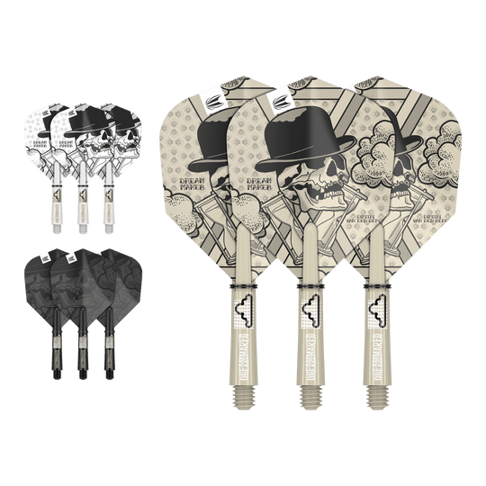 Target Ink Flight Shaft Kit Dimitri Van Den Bergh Das Bild zeigt drei unterschiedlich gestaltete Dartflights und -schäfte mit einem Totenkopf-Motiv und dem Text "Dream Maker". Die Designs sind in den Farben Beige, Schwarz und Weiß gehalten.