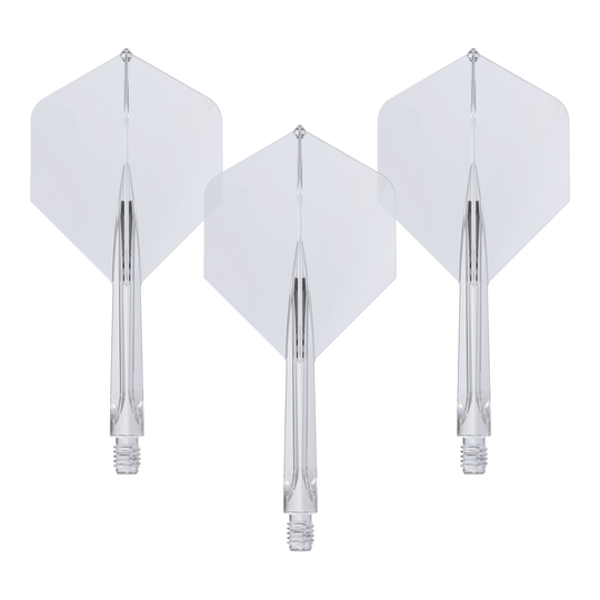 Unicorn Forge All In One Plus No2 Standaard Vluchten Helder - Medium Das Bild zeigt drei klare, mittellange Unicorn Forge All In One Plus No2 Standard Flights. Sie sind durchsichtig und haben eine integrierte Flight- und Schaft-Konstruktion.