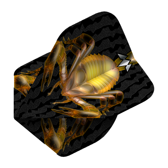 Das Bild zeigt ein schwarzes Dartflugblatt mit einem goldenen Skorpion-Design in der Mitte. Im Hintergrund sind wellenförmige Muster zu sehen.