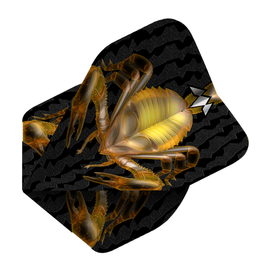 Mission Solo Scorpion No2 Standaardvluchten Das Bild zeigt ein schwarzes Dartflugblatt mit einem goldenen Skorpion-Design in der Mitte. Im Hintergrund sind wellenförmige Muster zu sehen.